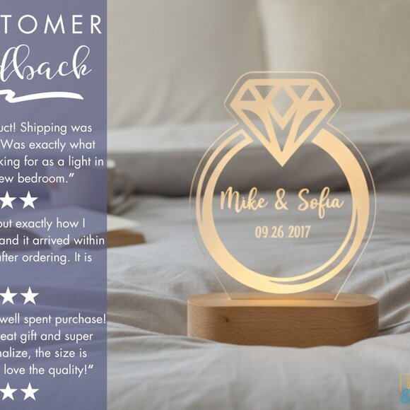 Couples Engagement Ring Night Light – Personalized LED Anniversary Lamp - Picture 7 of 8